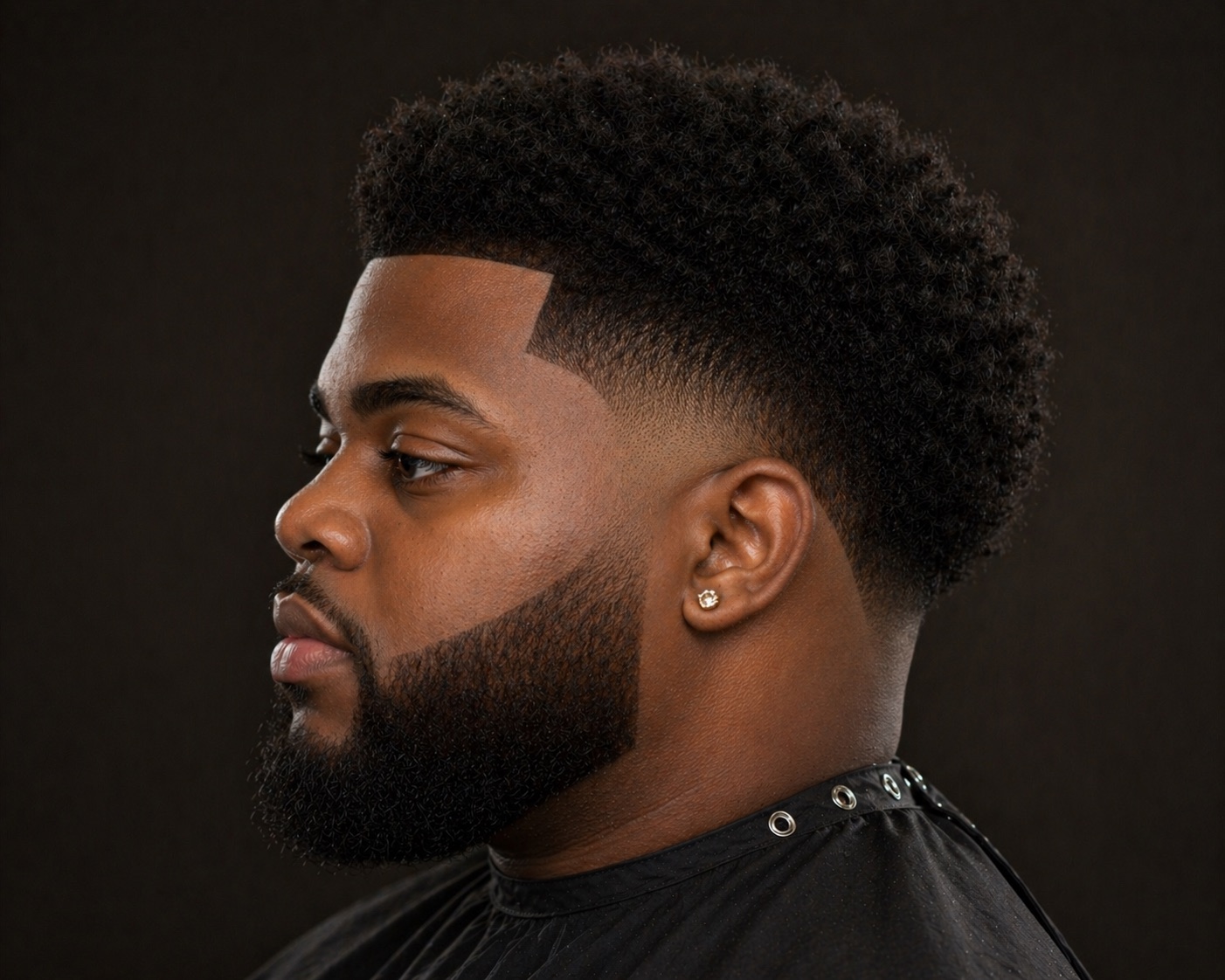 Temple Fade With Coily Top And Squared Line-Up — side profile barber reference photo showing the fade line and top shape