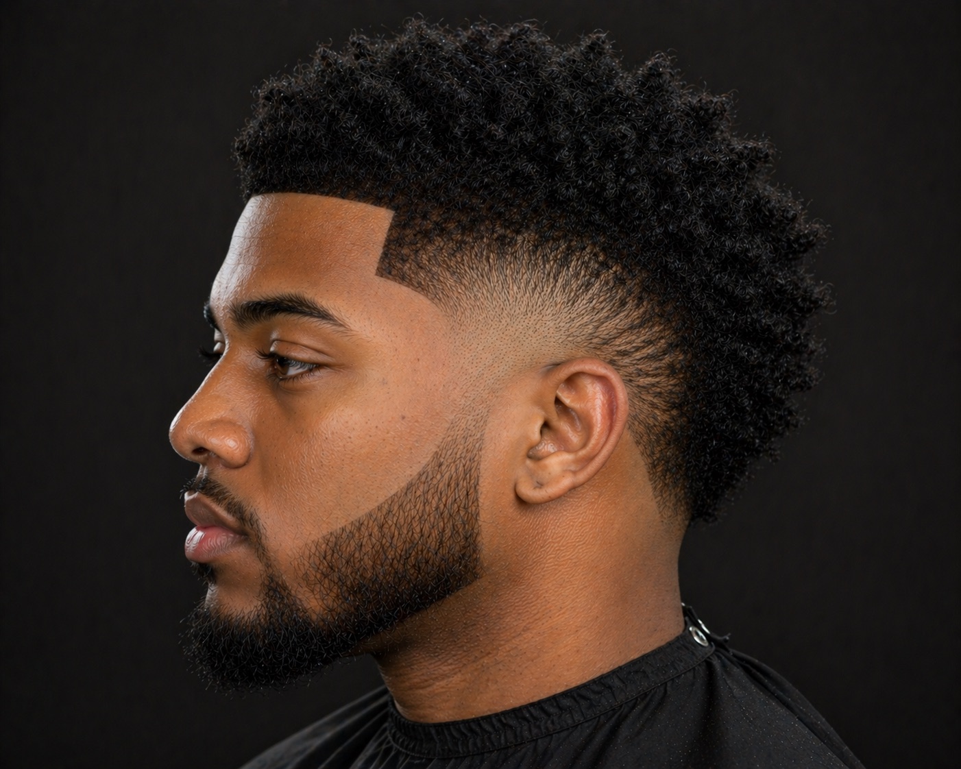 Burst Fade Mohawk with Coily Length at the Back — side profile barber reference photo showing the fade line and top shape