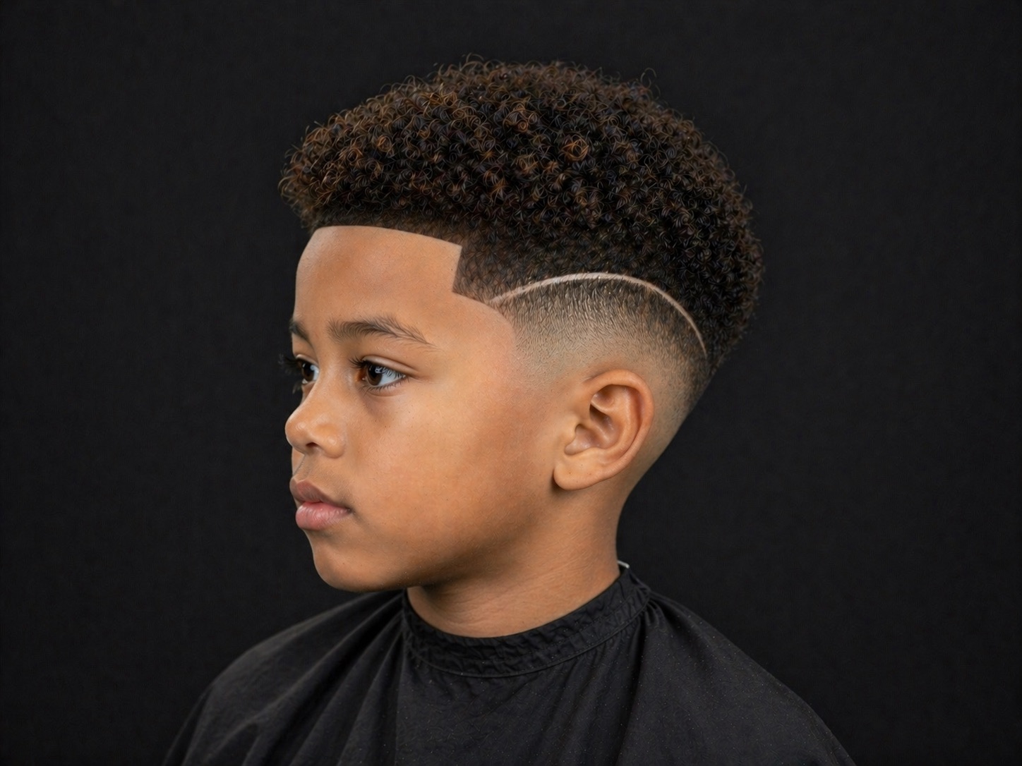 Kids Curly Top With Shaved Design Line — side profile barber reference photo showing the fade line and top shape