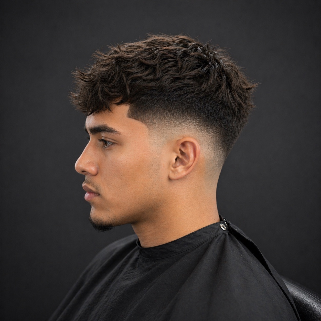 Mid Fade With Messy Wave Crop And Broken Fringe — side profile barber reference photo showing the fade line and top shape