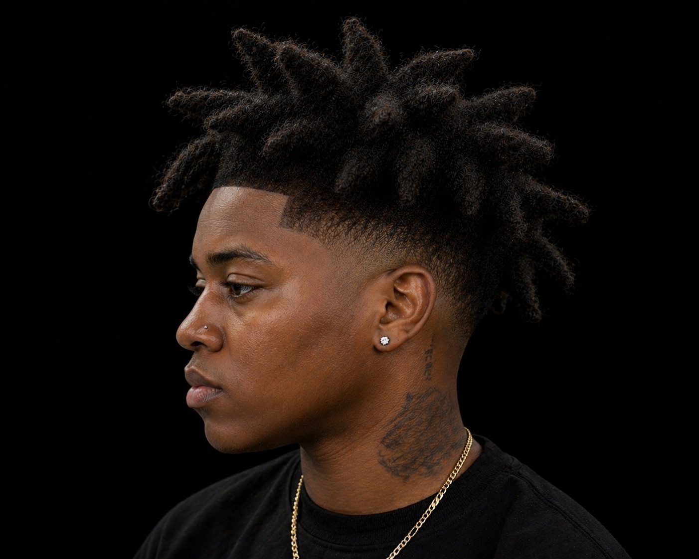 Freeform Loc Fro With Bald Temple Fade — side profile barber reference photo showing the fade line and top shape