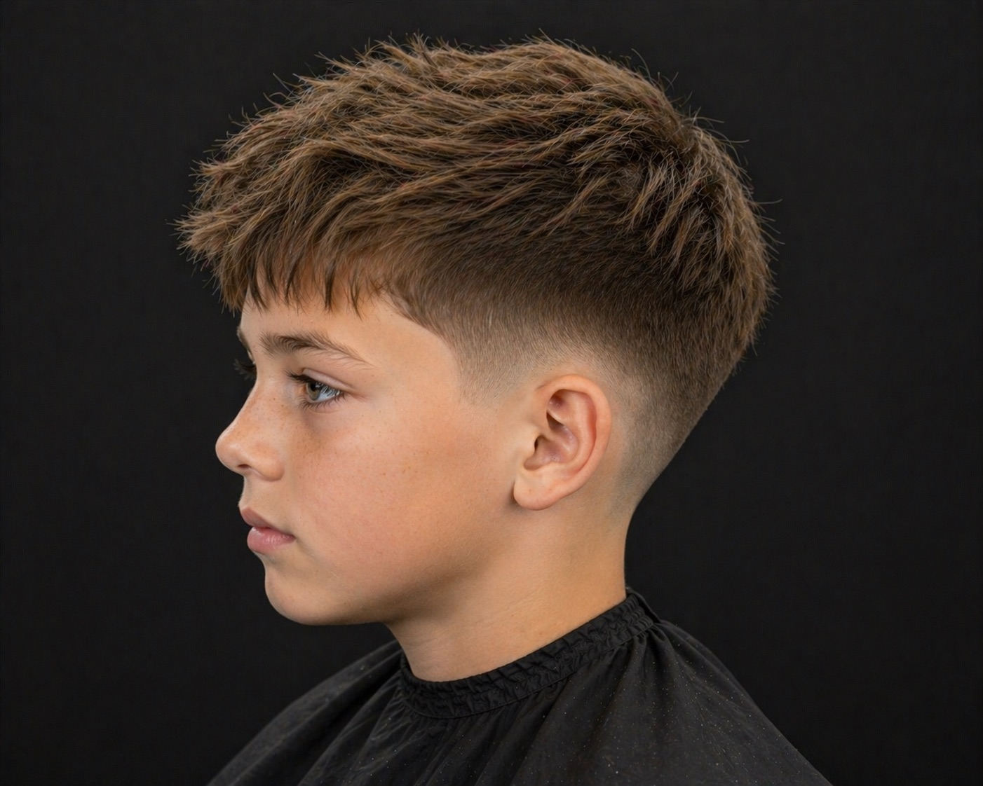 Kids Textured Crop With Blunt Fringe — side profile barber reference photo showing the fade line and top shape