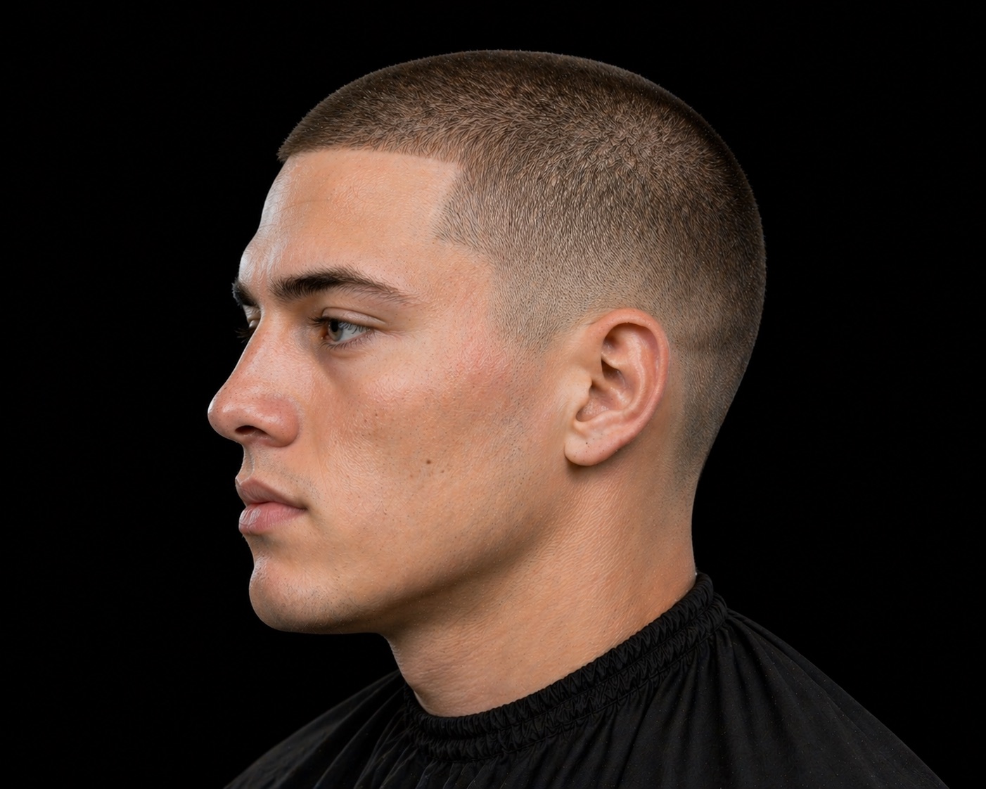 Buzz Cut with High Taper and Sharp Corner — side profile barber reference photo showing the fade line and top shape