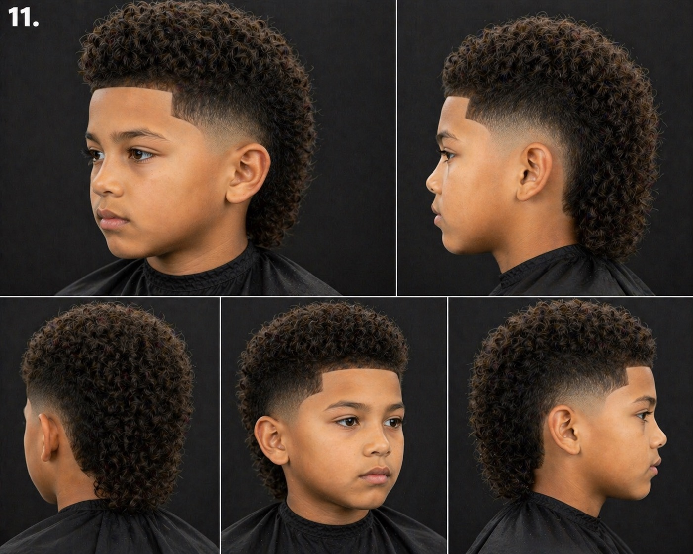 Kids Curly Burst Fade Mohawk With Back Length — side profile barber reference photo showing the fade line and top shape