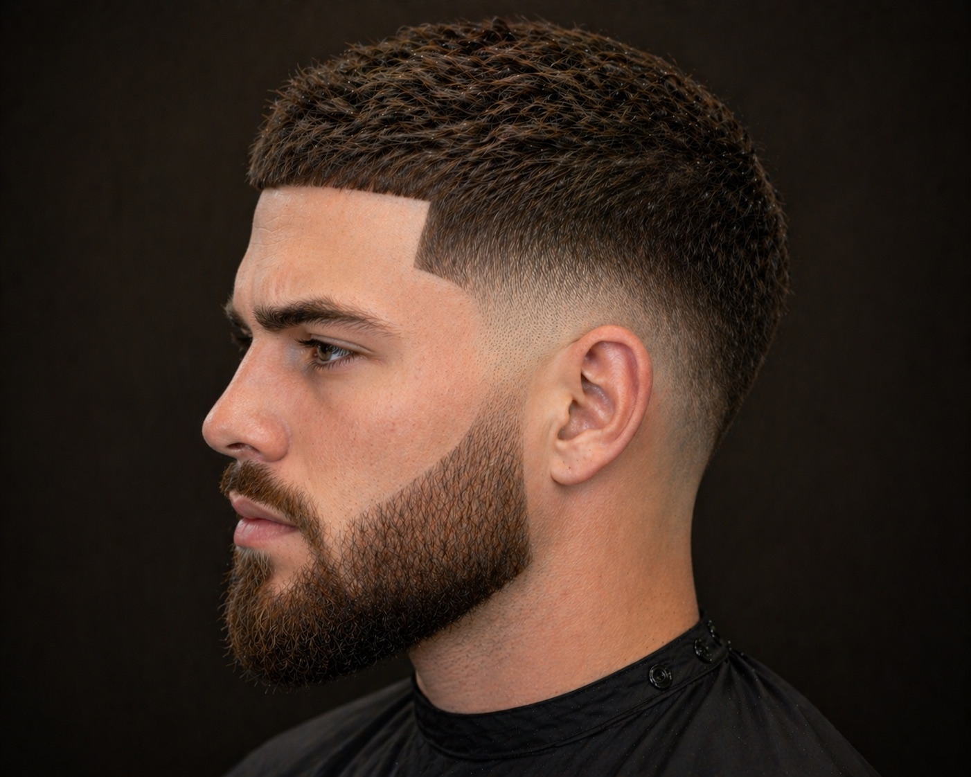 Mid Fade With Short Wavy Crop And Boxed Front — side profile barber reference photo showing the fade line and top shape