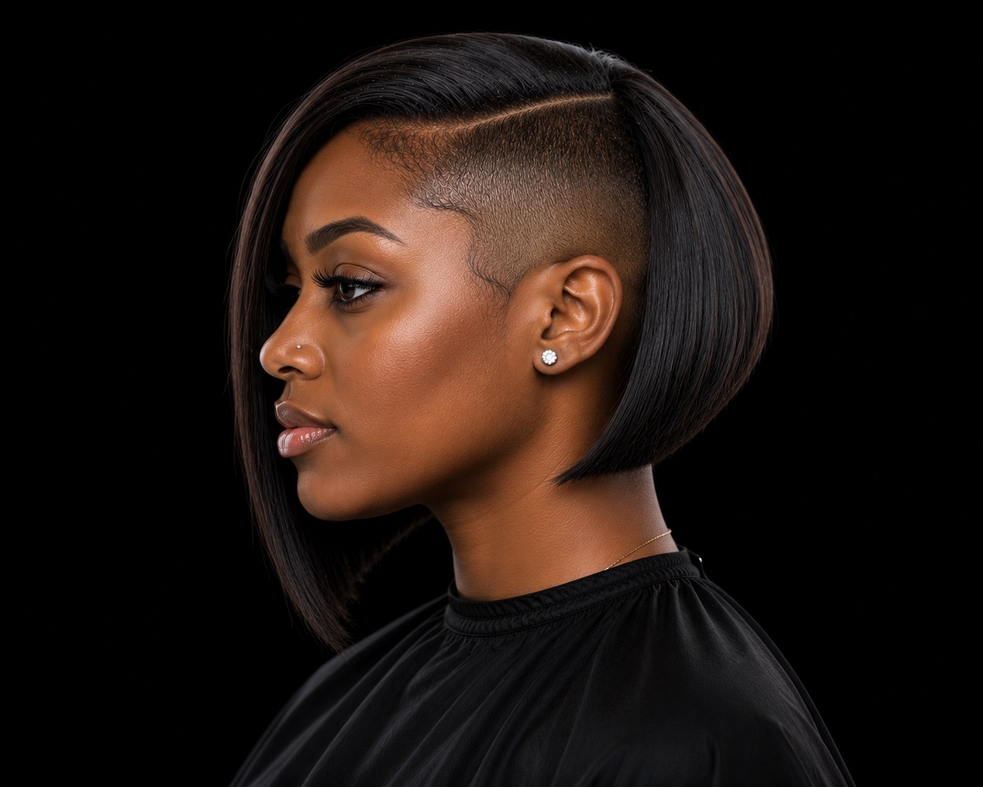Sleek Asymmetric Bob With Shaved Under Panel — side profile barber reference photo showing the fade line and top shape