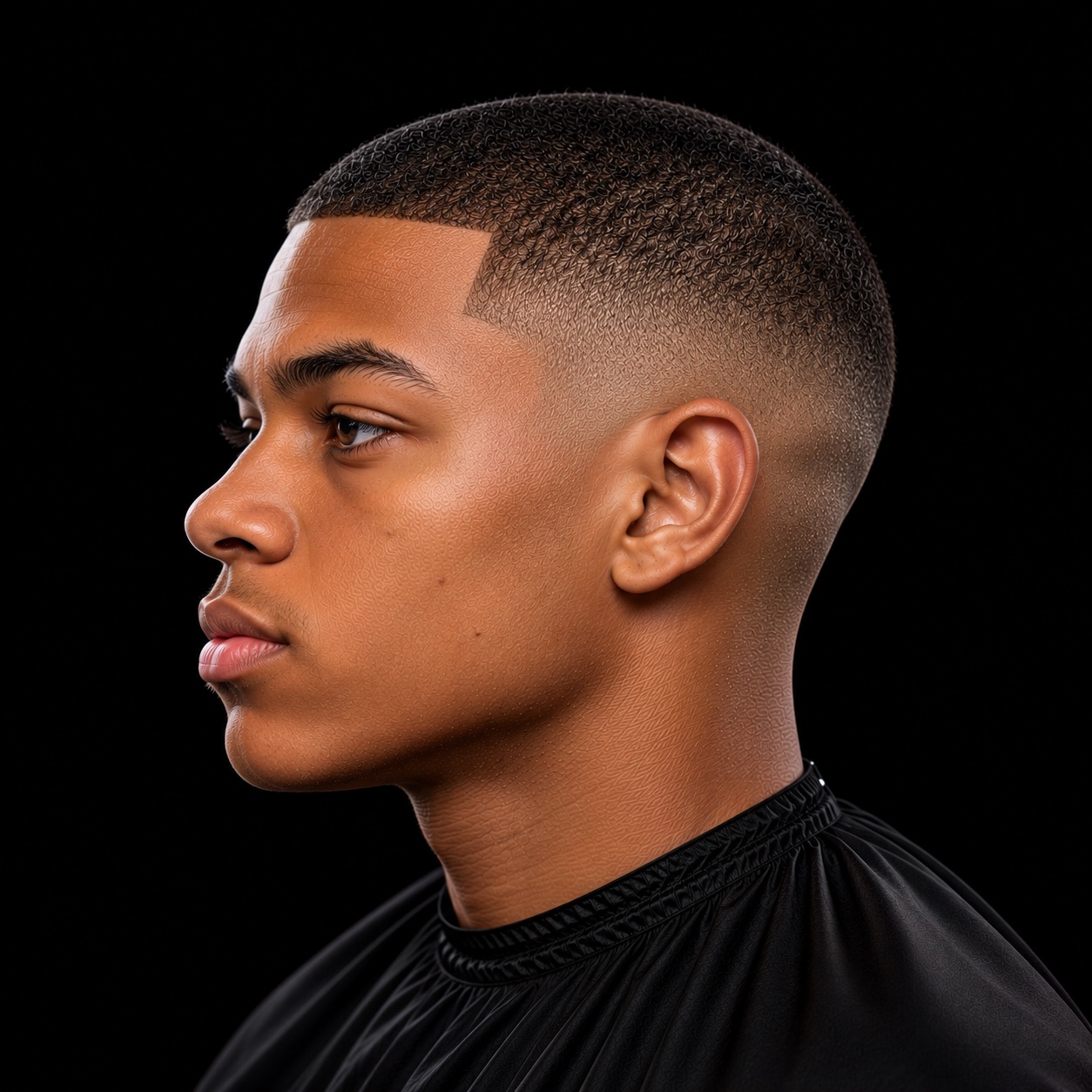 Short Coil Cut With Mid Bald Fade — side profile barber reference photo showing the fade line and top shape