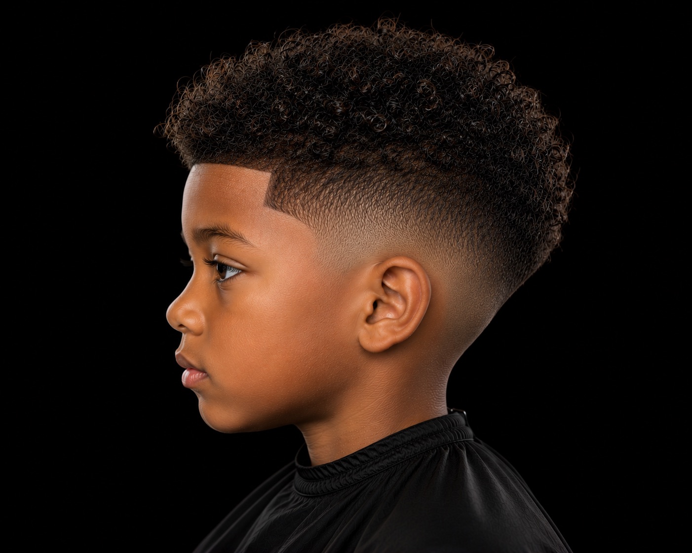 Kids Curl Top With High Drop Fade — side profile barber reference photo showing the fade line and top shape