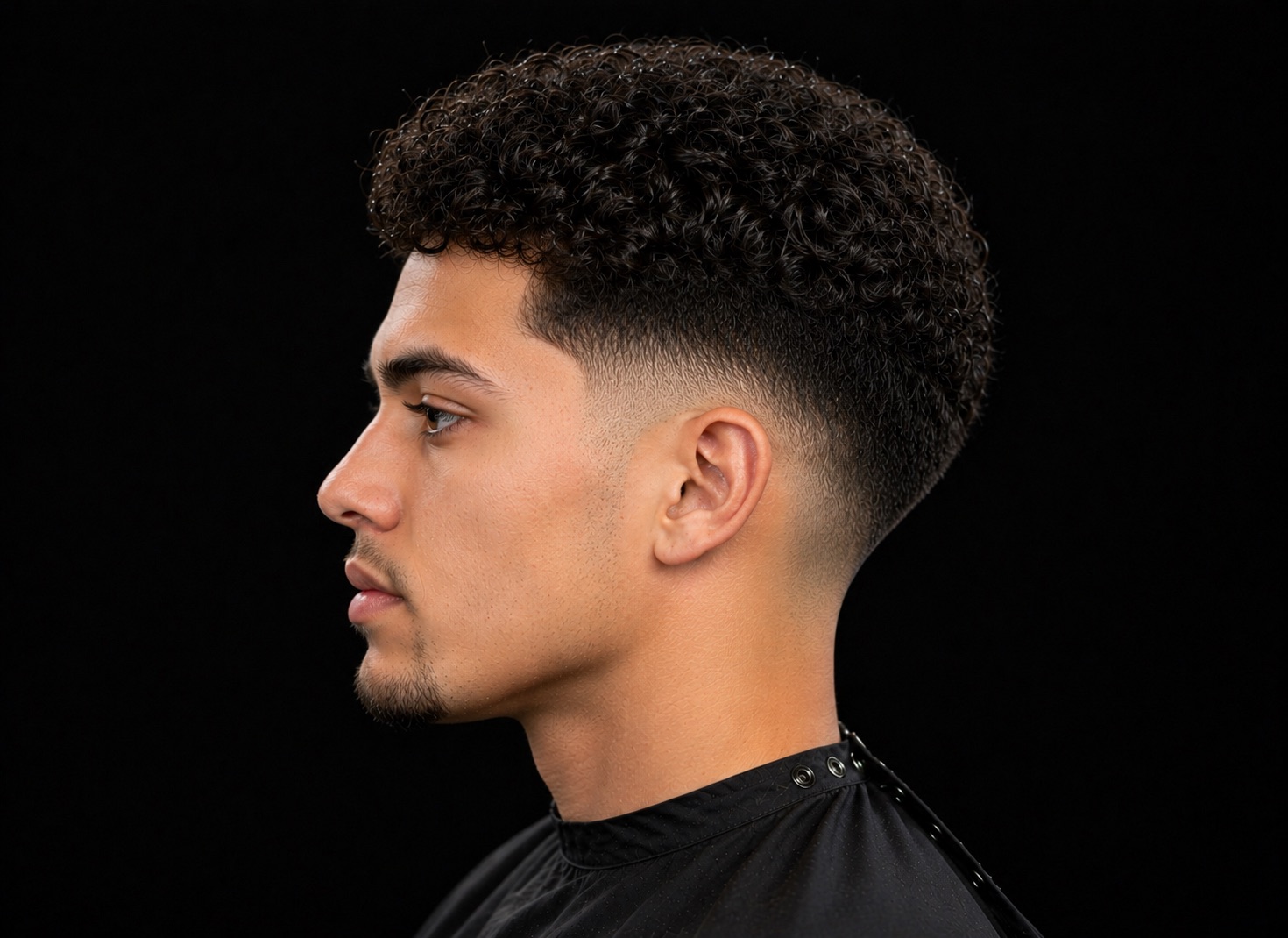 Rounded Curl Cap With Low Taper Fade — side profile barber reference photo showing the fade line and top shape