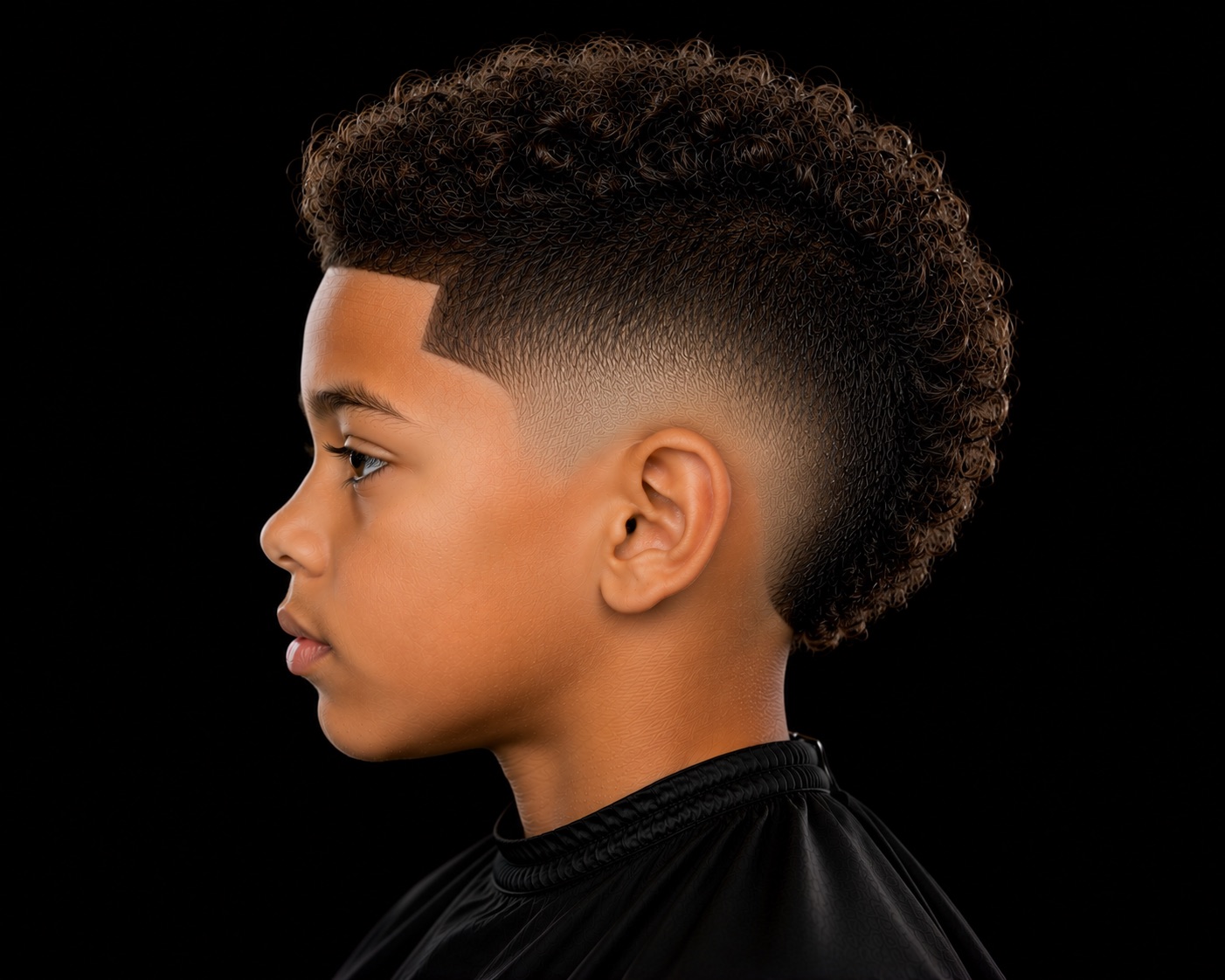 Kids Curly Burst Fade With Soft Mohawk Strip — side profile barber reference photo showing the fade line and top shape