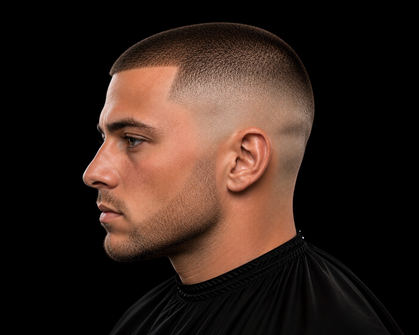 Bald Fade Crop With Hard Front Line — side profile barber reference photo showing the fade line and top shape