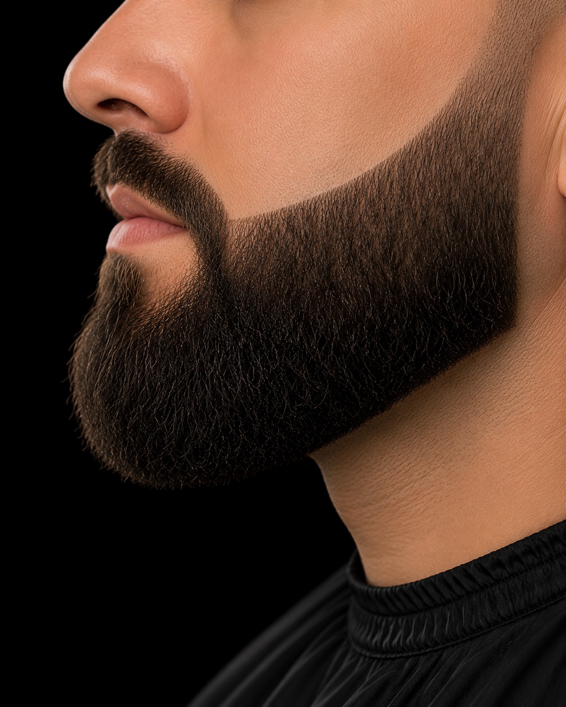Full Beard With Cheek Line Fade — side profile barber reference photo showing the fade line and top shape