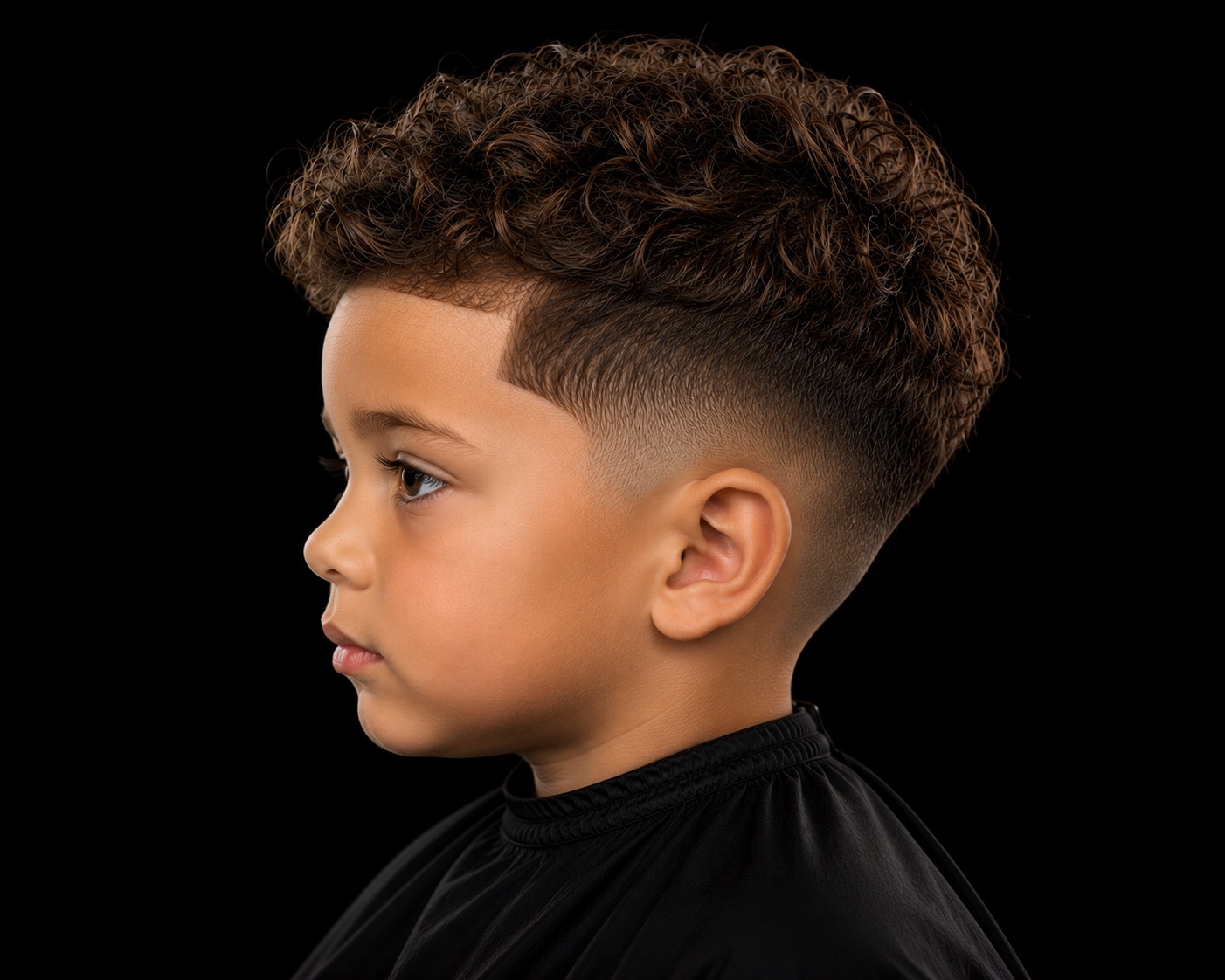 Kids Curly Top Mid Taper — side profile barber reference photo showing the fade line and top shape