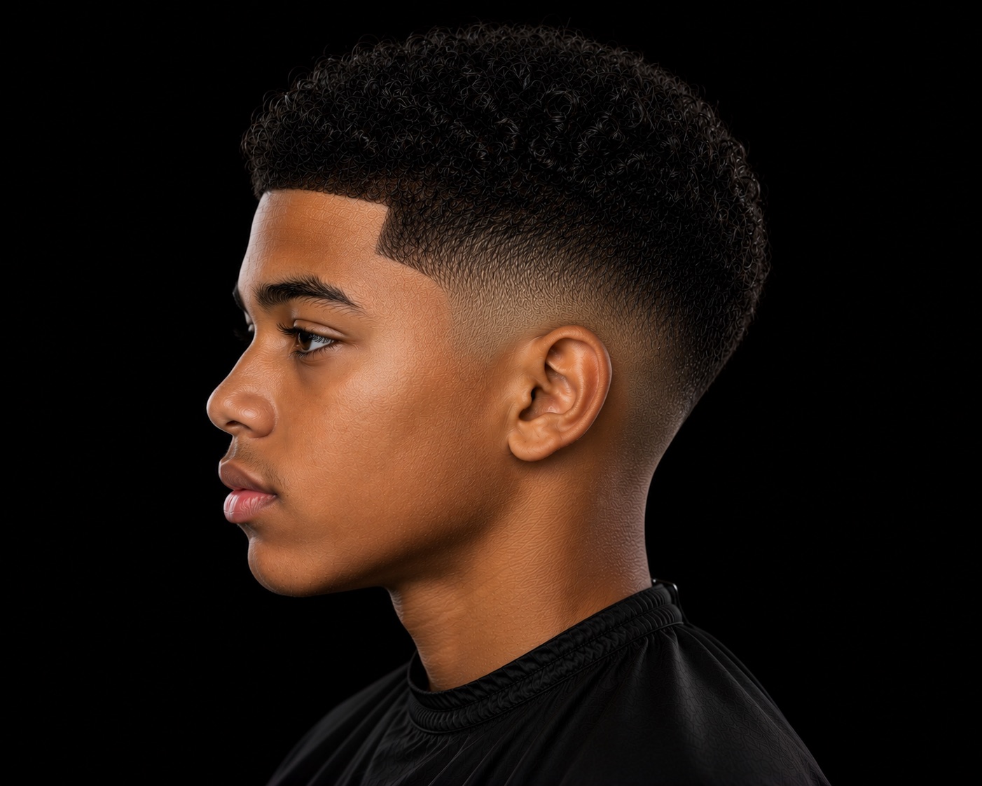 Curly Box Low Drop Taper — side profile barber reference photo showing the fade line and top shape