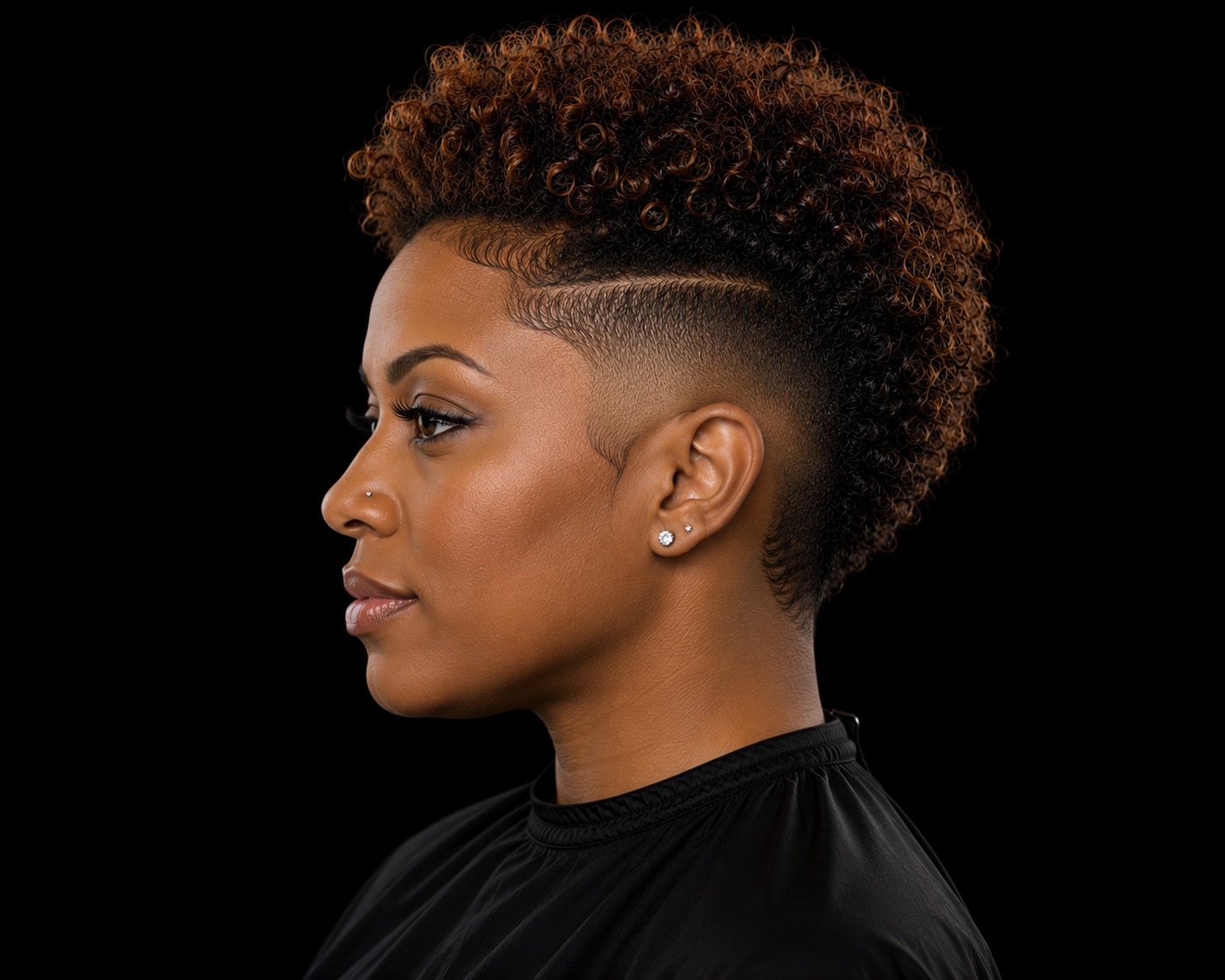 High Tapered Curls With Carved Side Part — side profile barber reference photo showing the fade line and top shape