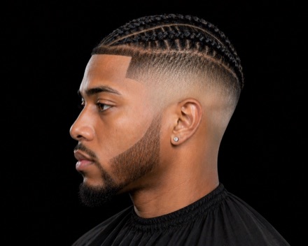 High Skin Fade with Straight-Back Cornrows — barber reference photo