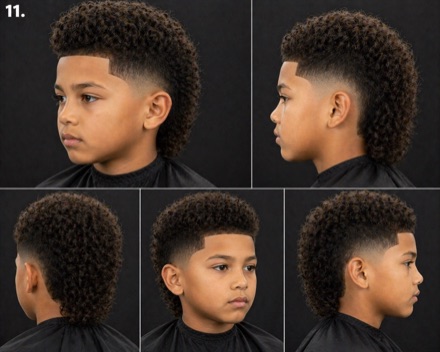 Kids Curly Burst Fade Mohawk With Back Length — barber reference photo