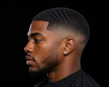 High Fade With Brushed Coily Cap And Blocked Line-Up — barber reference photo