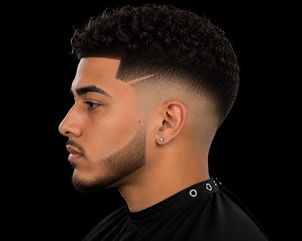 Curly Top Mid Skin Fade With Etched Part — barber reference photo
