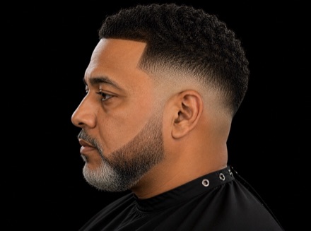 Temple Fade With Curly Sponge Top And Grey Beard — barber reference photo