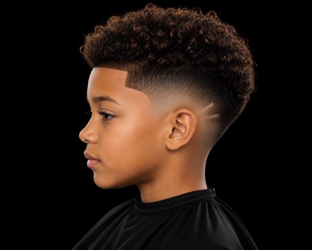 Kids Taper Fade With Design Lines And Curly Top — barber reference photo