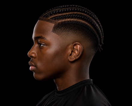 Side-Swept Cornrows With Mid Taper Fade — barber reference photo