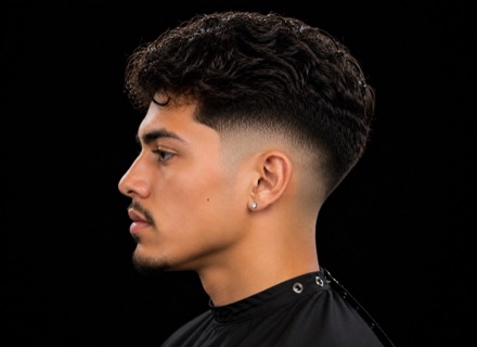 Low Taper Fade With Loose Curled Fringe — barber reference photo