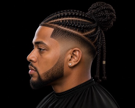 Feeder Cornrows Into A Braided Top Knot — barber reference photo